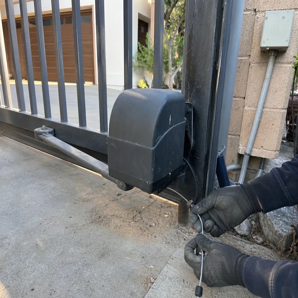 Technician repairing an electric gate operator motor mechanism.