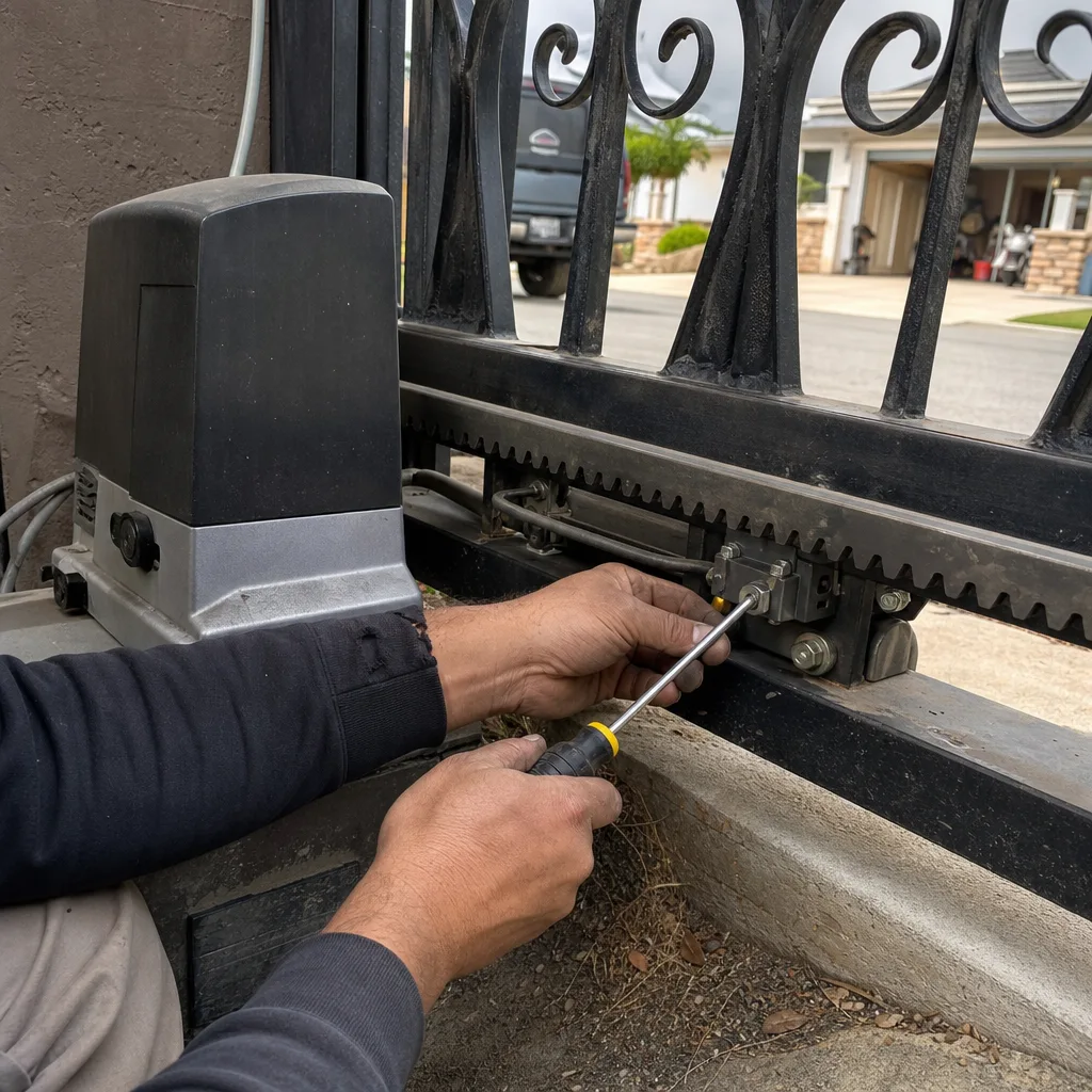 Technician performing electric sliding gate motor repair and maintenance