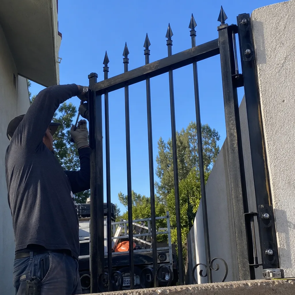Contractor performing professional gate installation and metal fence repair services