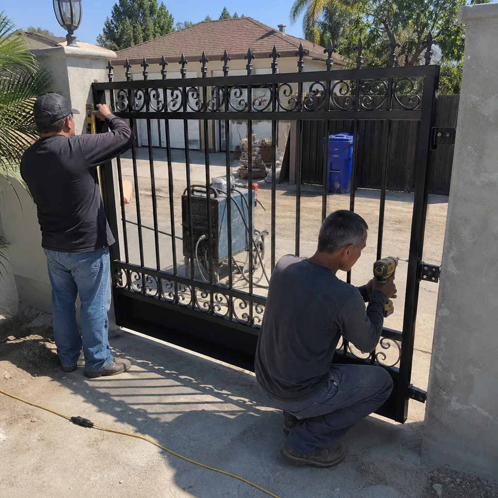 Two professional contractors installing a new wrought iron residential gate