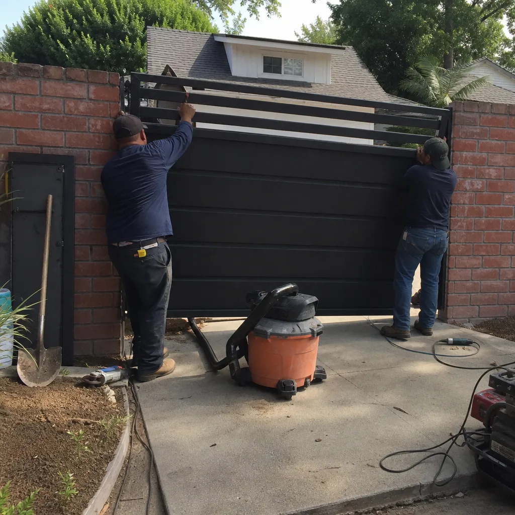 Two professional workers installing a modern metal residential gate.