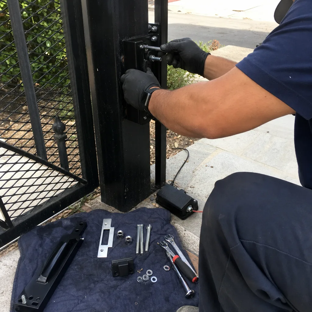 Technician performing professional metal gate repair and hardware installation